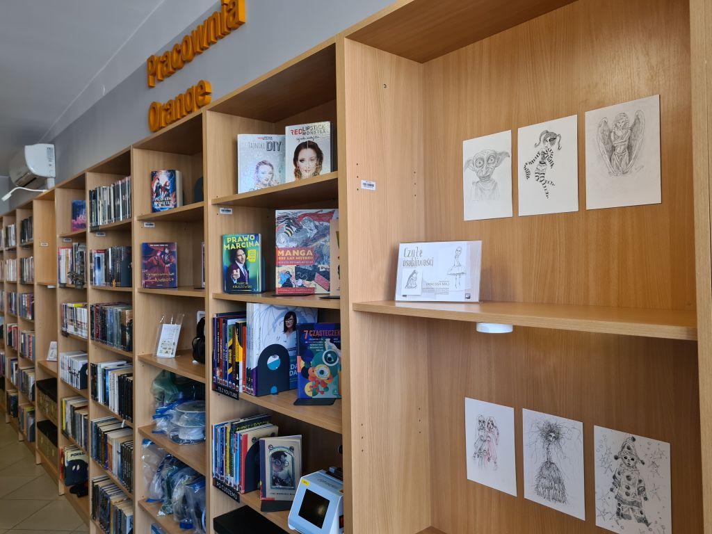 Fragment wystawy „Czułe osobliwości” Vanessy Maj w Galerii Między Książkami. Na drewnianych regałach obok książek prezentowane są czarno-białe rysunki fantastycznych, nieco niepokojących postaci.