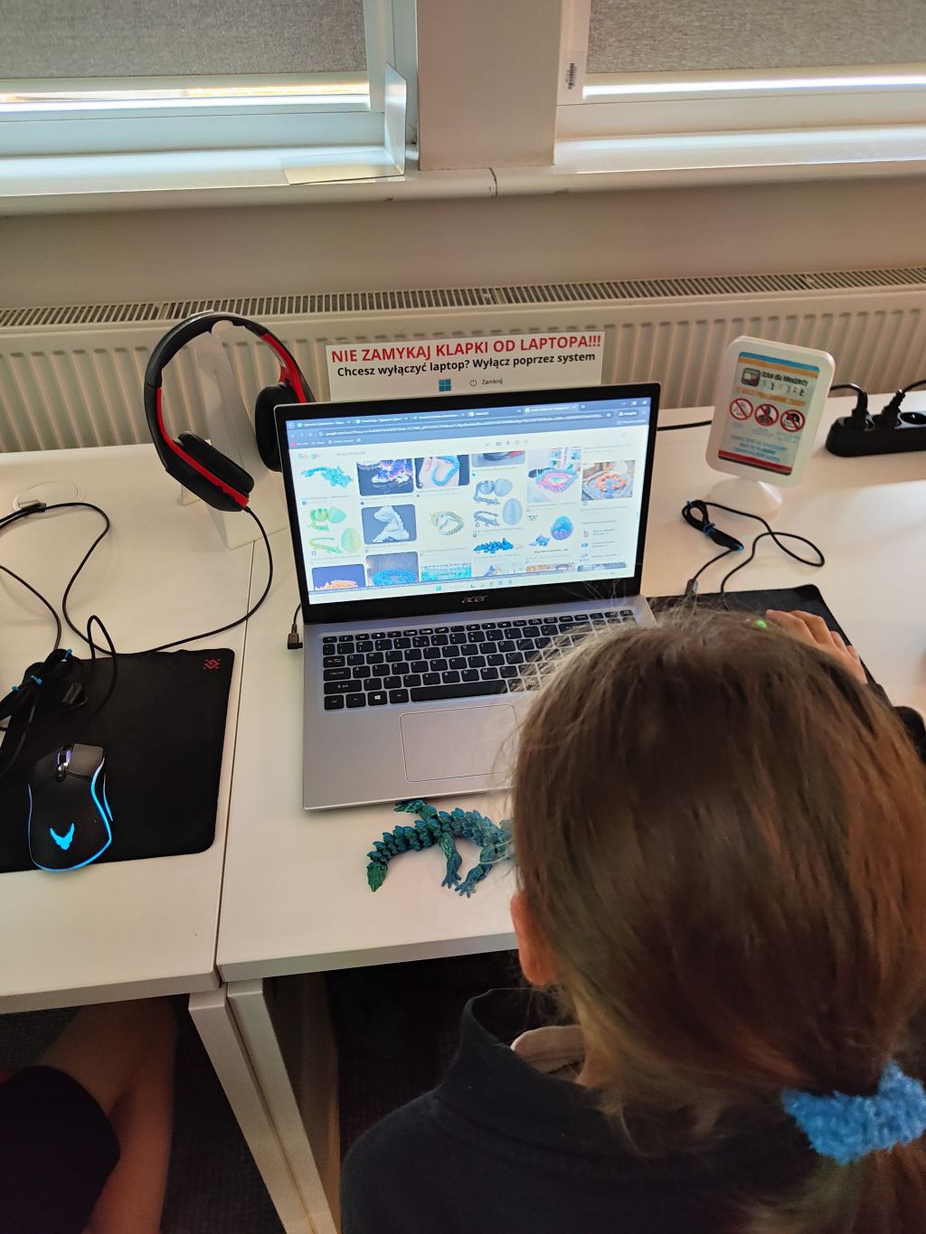 Dziewczynka widziana od tyłu przegląda modele 3D na ekranie laptopa, a obok komputera leży wydrukowana z tworzywa figurka jaszczurki.