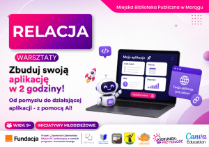 Grafika promocyjna warsztatów pt. „Zbuduj swoją aplikację w 2 godziny!” z ilustracją laptopa, małego robota AI i logo organizatorów.