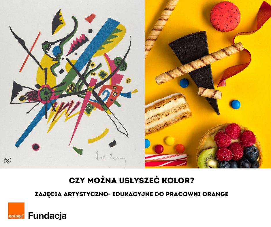 Na obrazku widnieje reprodukcja obrazu abstrakcyjnego Kandinsky'ego oraz kompozycja słodyczy i owoców nawiązująca układem do obrazu