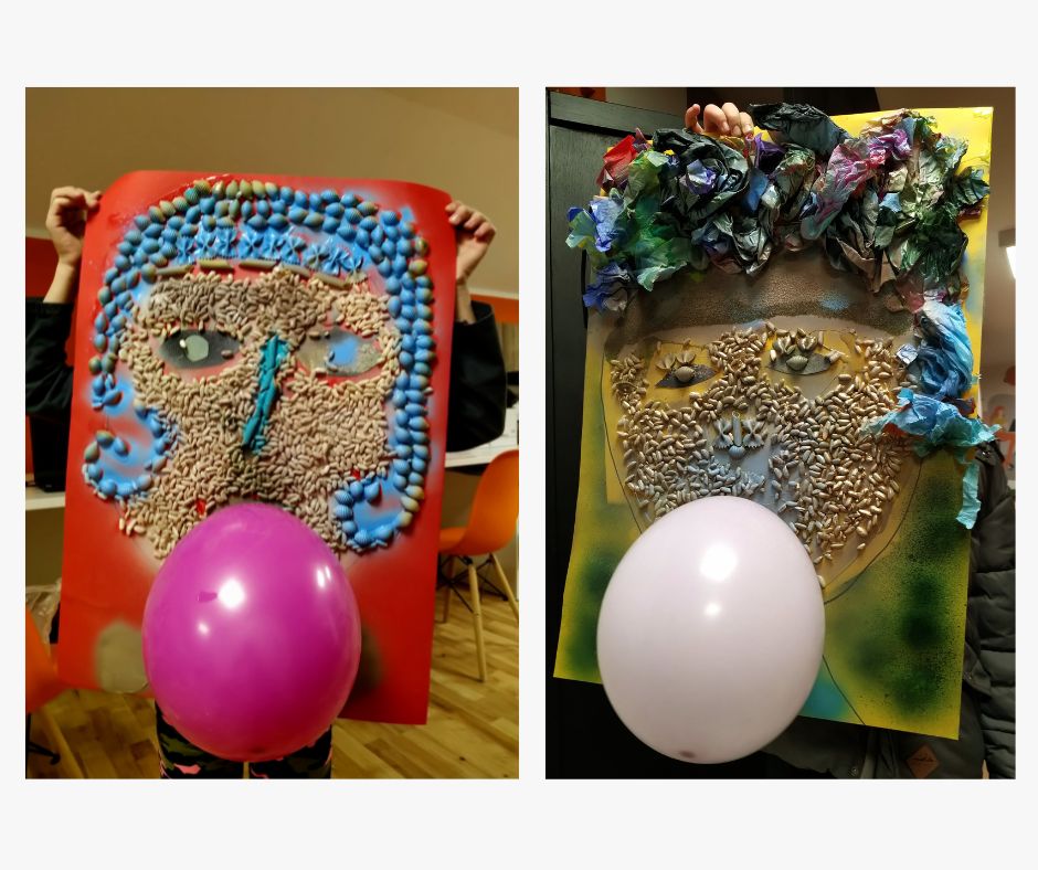 Sensoryczne kolaże twarzy wiosny z doklejonymi balonami
