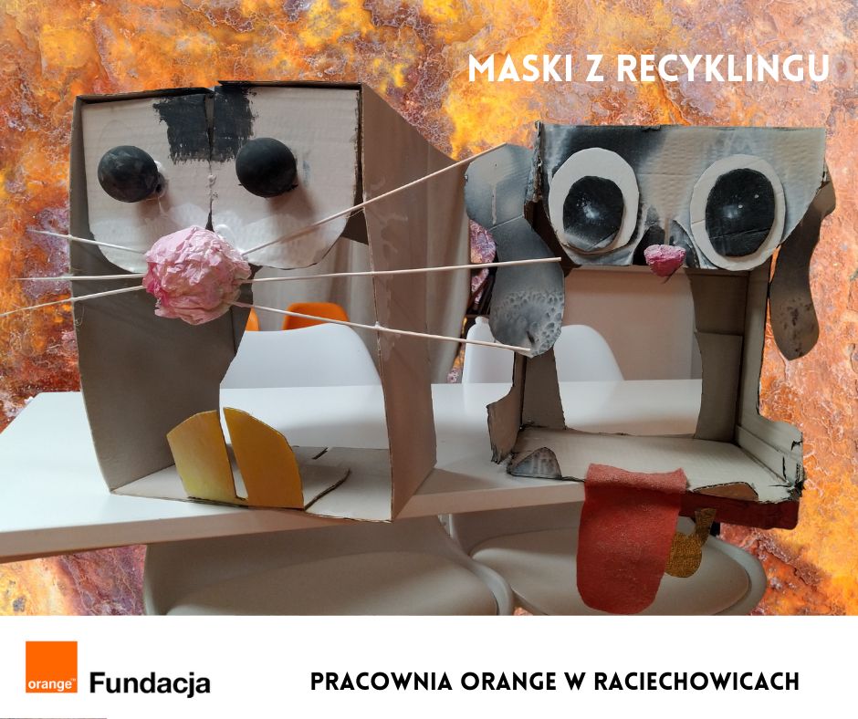 grafika przedstawia dwie maski zwierząt wykonane z kartonów: maska chomika i maska pieska