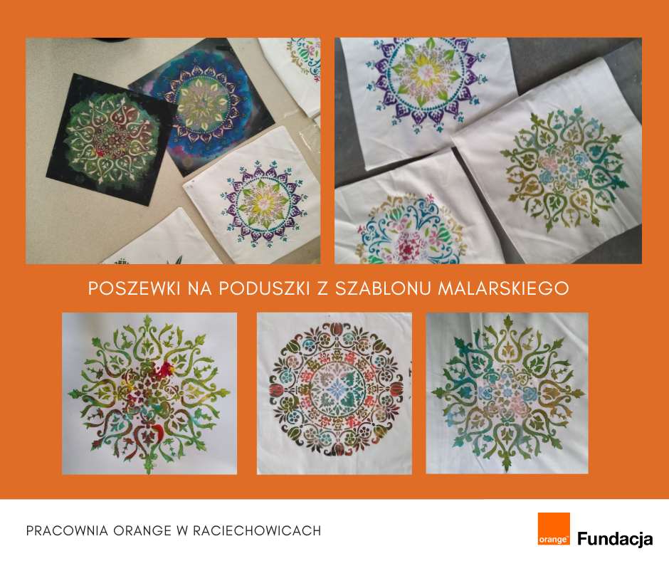 Na zdjęciu widnieją białe poszeki na poduszki na których zostały występlowane barwne mandale