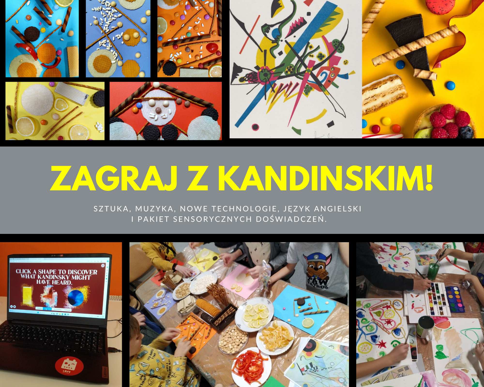 kolaż zdjęć przedstawia obrazy wykonane z produktów spożywczych, ręce dzieci przy pracy oraz komputer ze stroną platformy edukacyjnej