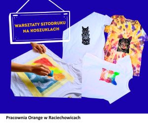 obrazek przedstawia wizerunki kilku koszulek wykonanych na warsztatch sitodruku oraz sam proces nakładania koloru gabką
