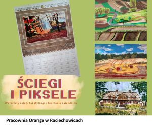 na obrazku znajduje sie tytuł projektu: Sciegi i piksele, kartka ze stworzonego kalendarza i 3 kolaże ze ścinek materiałów