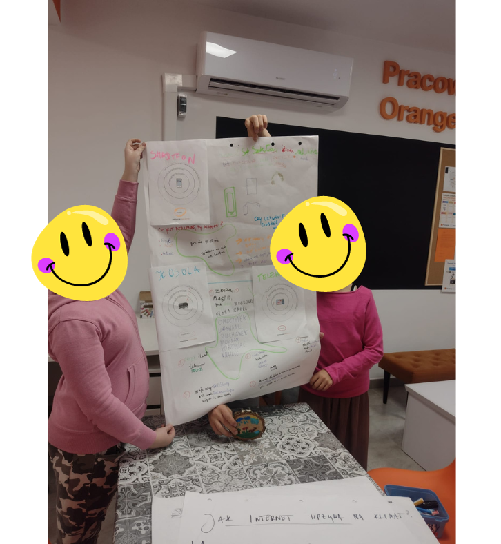 Dwie osoby prezentujące wyniki swojej pracy spisane na dużej kartce flipchart.