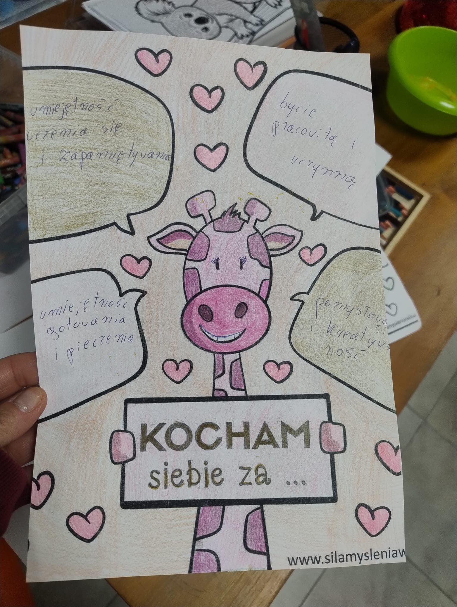 kartka wykonana na warsztatach - za co siebie kocham