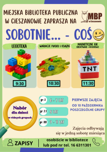 plakat na którym znajduja się klocki lego, piasek kinetyczny i magnetyczne klocki jak również informacje o zajęciach