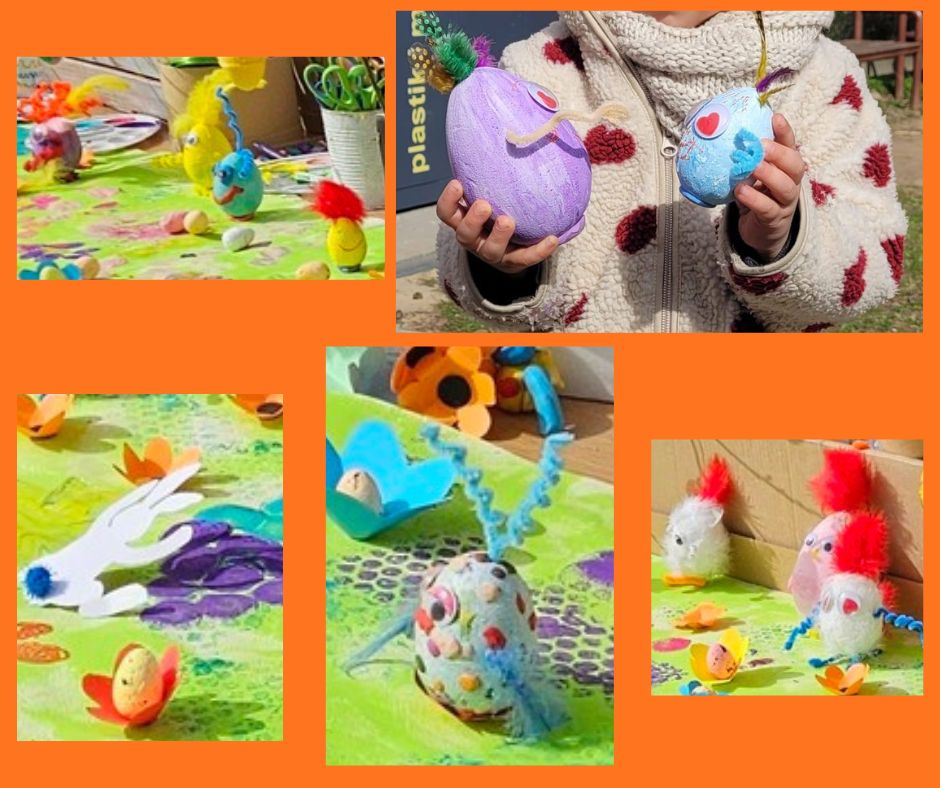 Kolaż z kilku małych zdjęć prac plastycznych wykonanych na bazie kształtów jaj