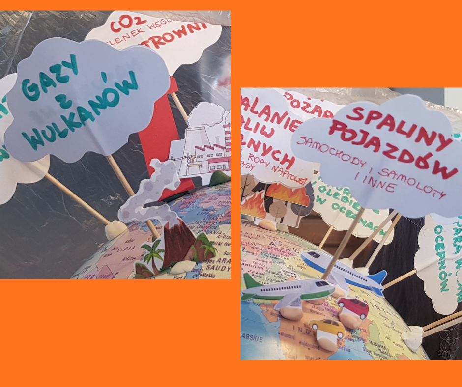 fragmenty globusa z umieszczonymi na nim papierowycmi kształtami chmur