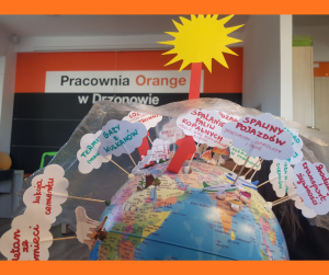 na pierwszym tle globus z doklejonymi grafikami i napisami w chmurkach , słońcem powyżej, oraz strzałkami ilustrujące zjawisko efektu cieplarnianego