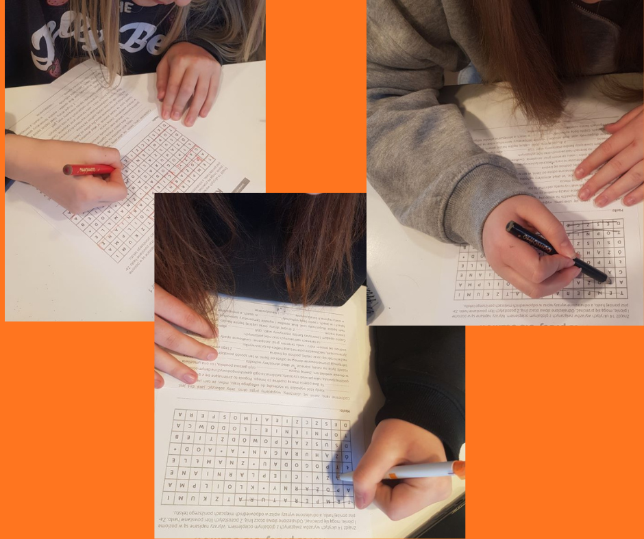 kolaż trzech zdjęć z widocznymi częściowo sylwetkami osób poniżej ramion, siedzącymi przy stole pochylonymi nad kartami i rozwiązującymi krzyżówki i quizy