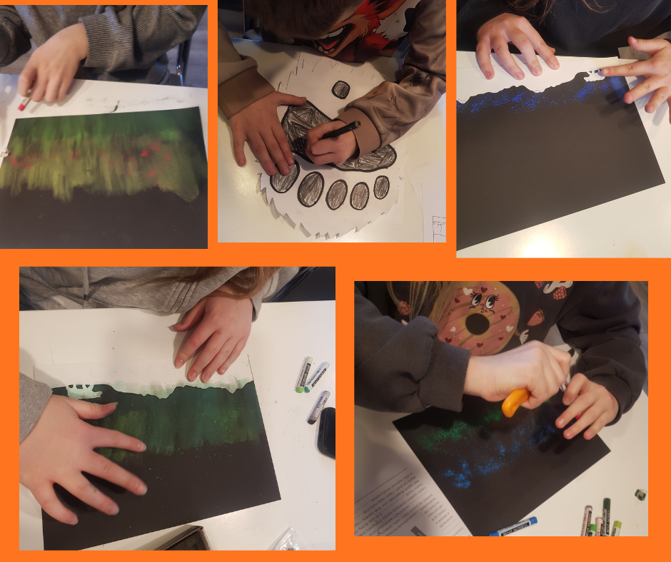 kolaż 5 zdjęć na każdym widać część sylwetki siedzącej przy stole z dłońmi nad kartkami papieru tworzące obrazki w technice suchych pasteli