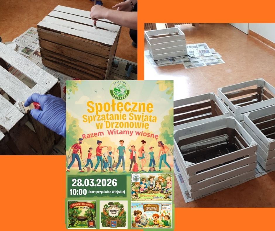 Na pierwszym tle plakat akcji społecznej w tle drewniane skrzynki stojące na podłodze, malowane i pomalowane na biało