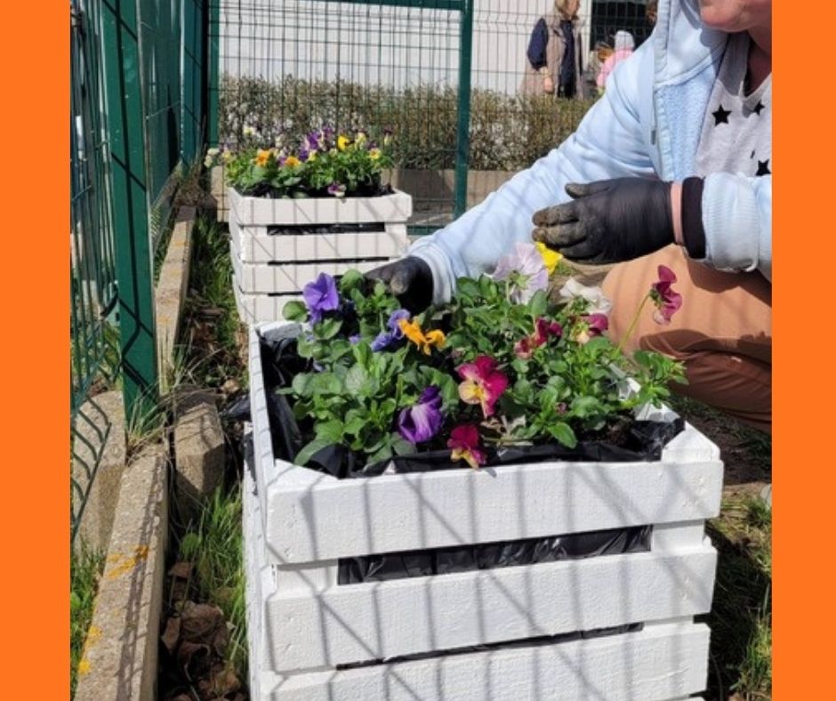 Na pierwszym tle stojąca na trawniku skrzynka drewniana pomalowana na biało. Tuż obok skrzynki z lewej strony widać ogrodzenie, z prawej zaś częściowo widoczna postać kucająca i sadząca do skrzynki kolorowe kwiaty, dłońmi w rękawiczkach ogrodowych kolorowe kwiaty. W oddali widoczna taka sama skrzynka z kwiatami i zarys dwu postaci