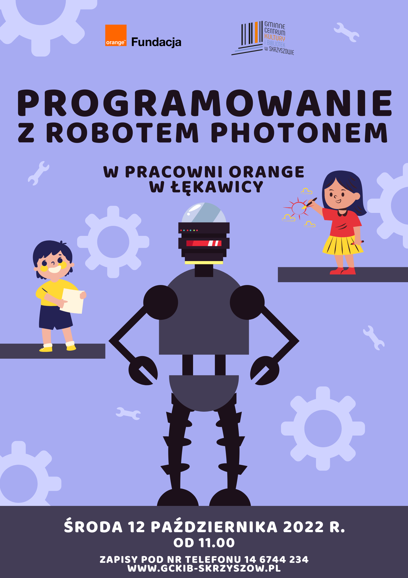 Plakat promujący warsztaty robotyki i programowania.