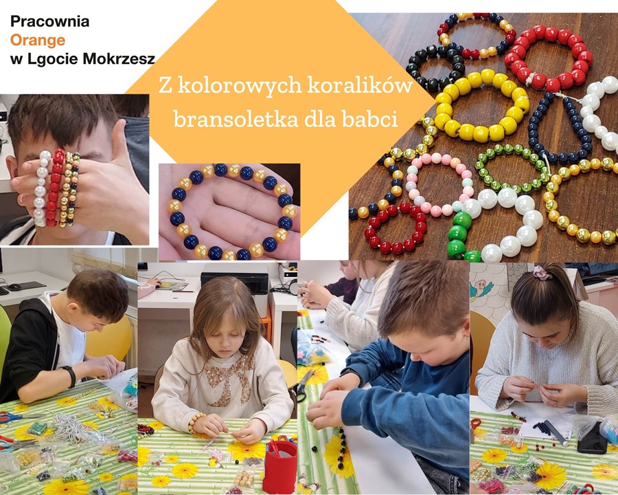 Kolaż zdjęć ukazujący dzieci wykonujące bransoletki z kolorowych koralików