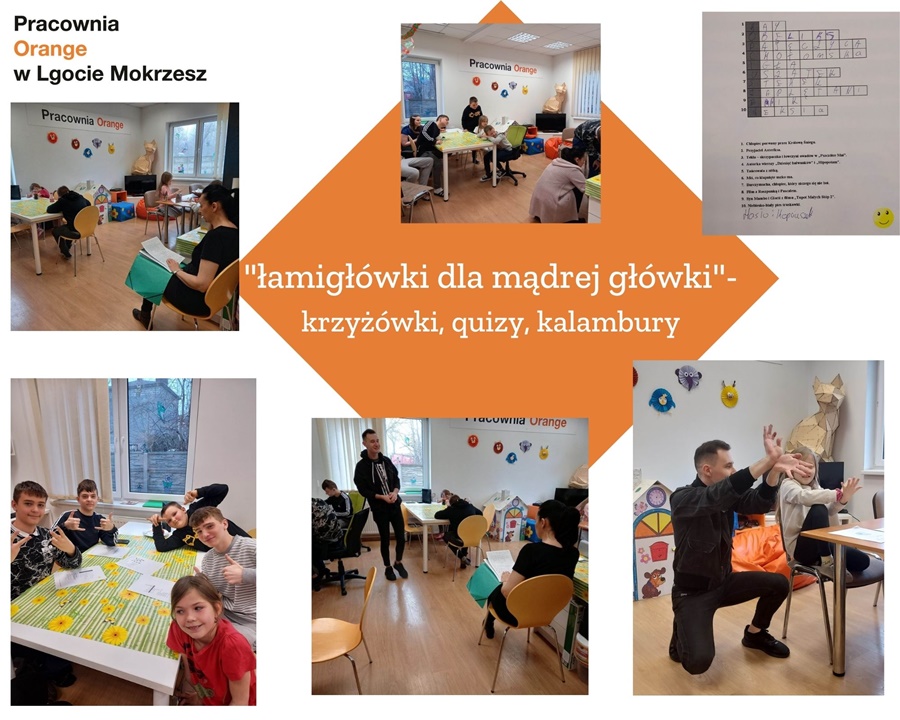 kolaż zdjęć przedstawiający dzieci rozwiązujące krzyżówki i quizy z języka polskiego
