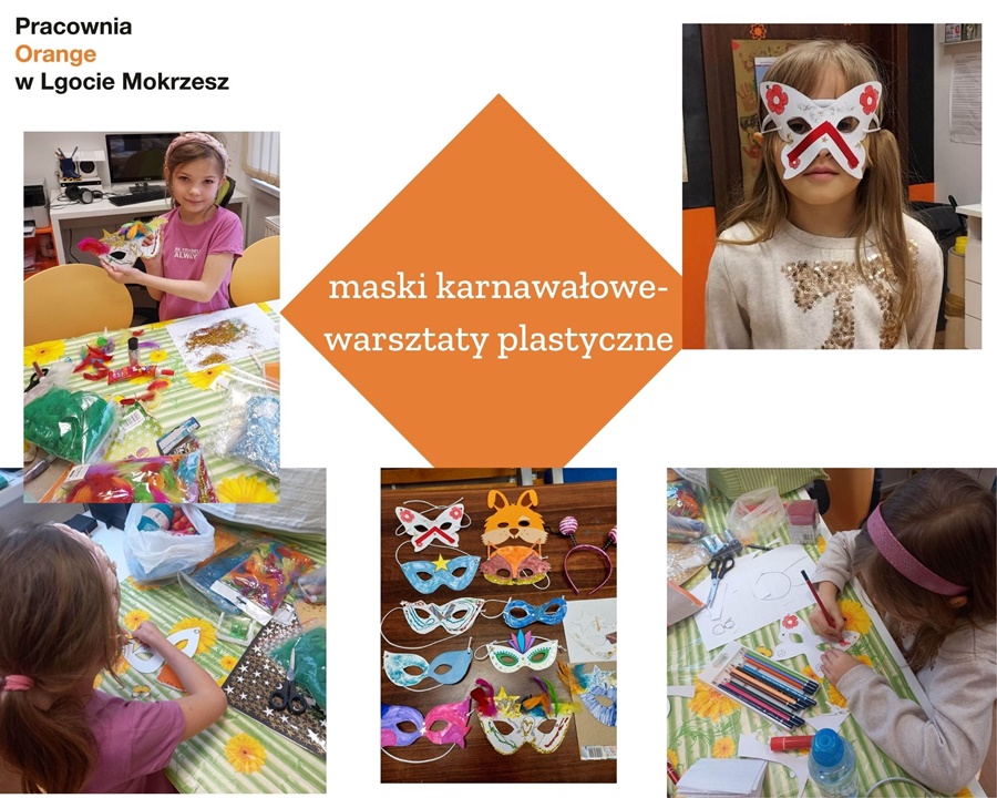 kolaż zdjęć dzieci wykonujących maski karnawałowe oraz gotowe maski ozdobione piórami cekinami i brokatem