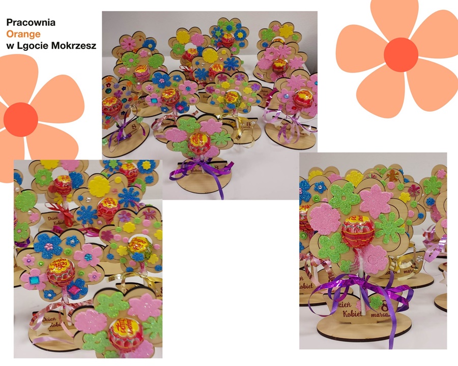 kolaż zdjęć przedstawiający stojaki na lizaki w kształcie kwiatków wycięte ze sklejki ozdobione kolorowymi dodatkami