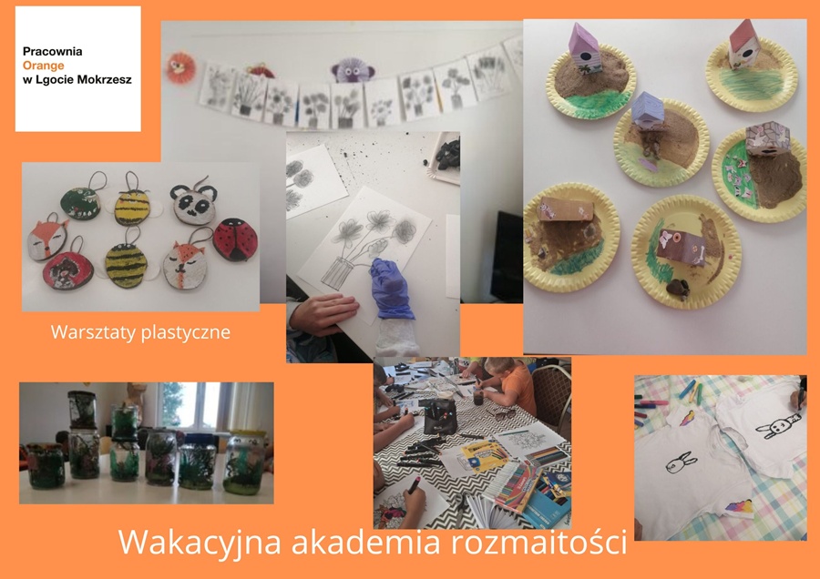 kolaż zdjęć ukazujących prace dzieci: kwiaty szkicowane węglem, las w słoiku, wioska na talerzyku, drewniane zawieszki.