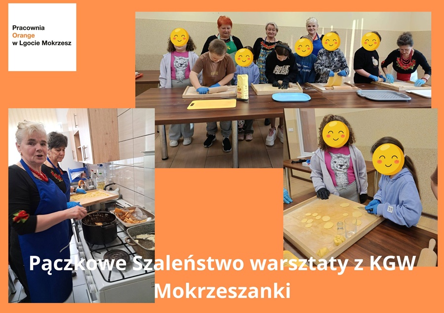 kolaż zdjęć: panie piekące pączki, dzieci wałkujące i wykrawające faworki