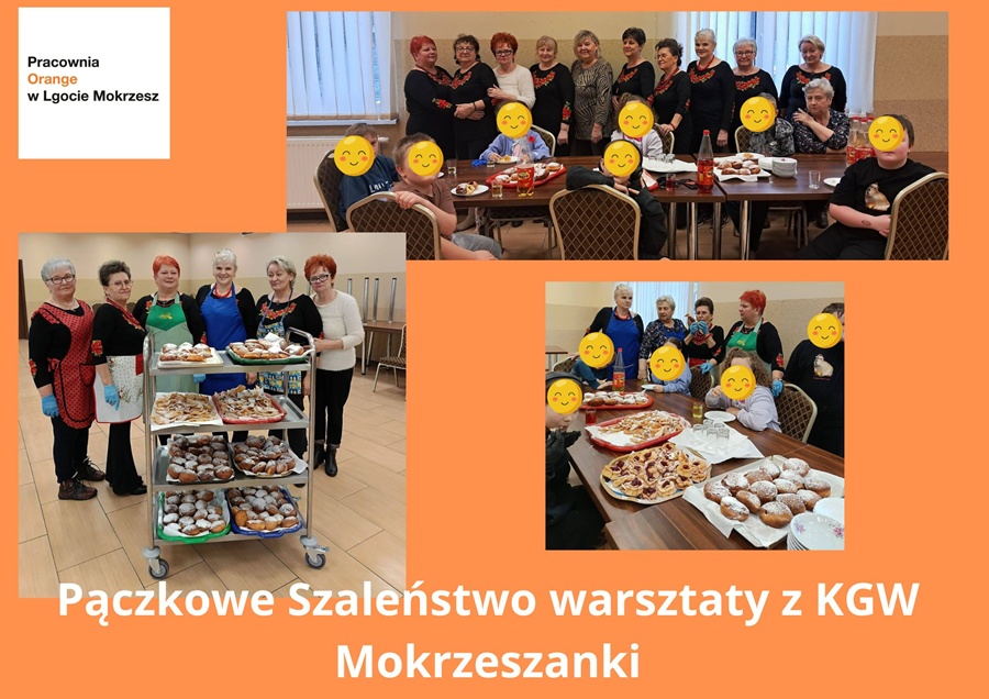 kolaż zdjęć: zdjęcia grupowe, panie i dzieci kosztujące pączki oraz faworki