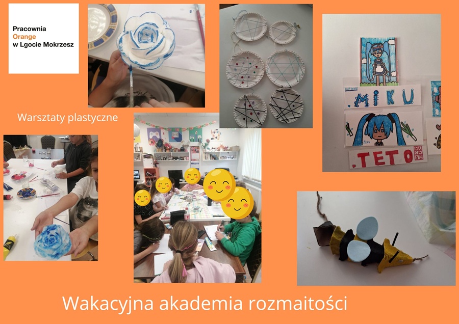 kolaż zdjęć z pracami dzieci: kwiaty z białych wacików, łapacze snów z papierowych talerzyków, drewniane zakładki do ksiażek, eko-zabawka-myszka,