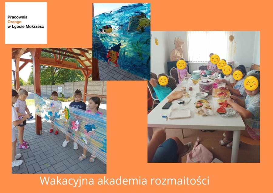 kolaż zdjęć: dzieci tworzące mural na folii,i krojące owoce na sałatkę owocową