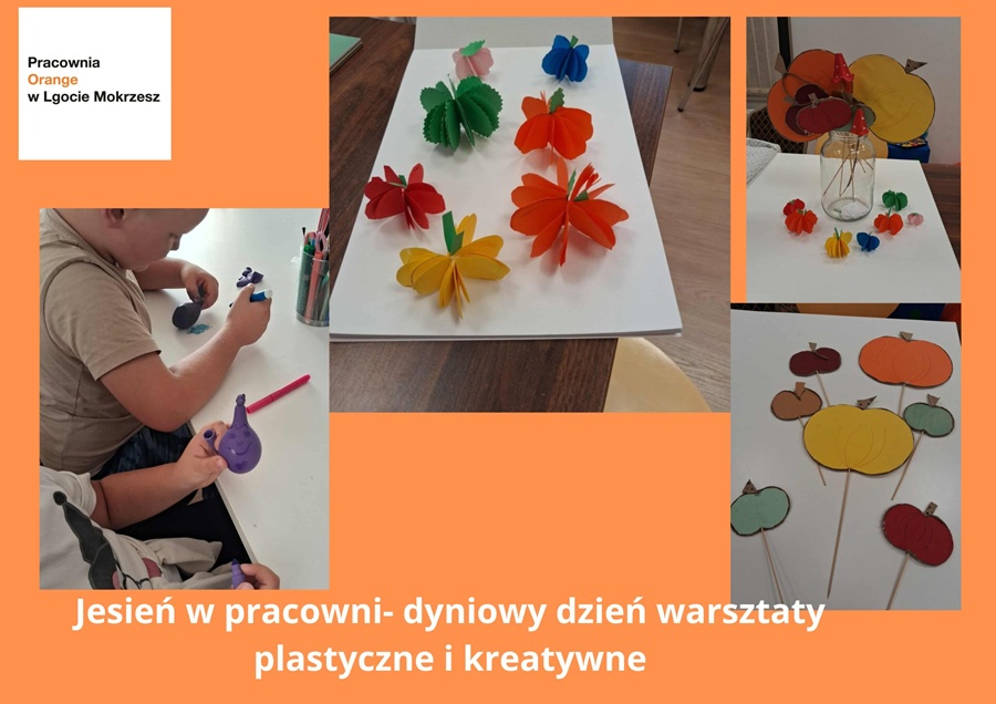 kolaż zdjęć: dynie z kolorowego papieru, gniotki z balonów