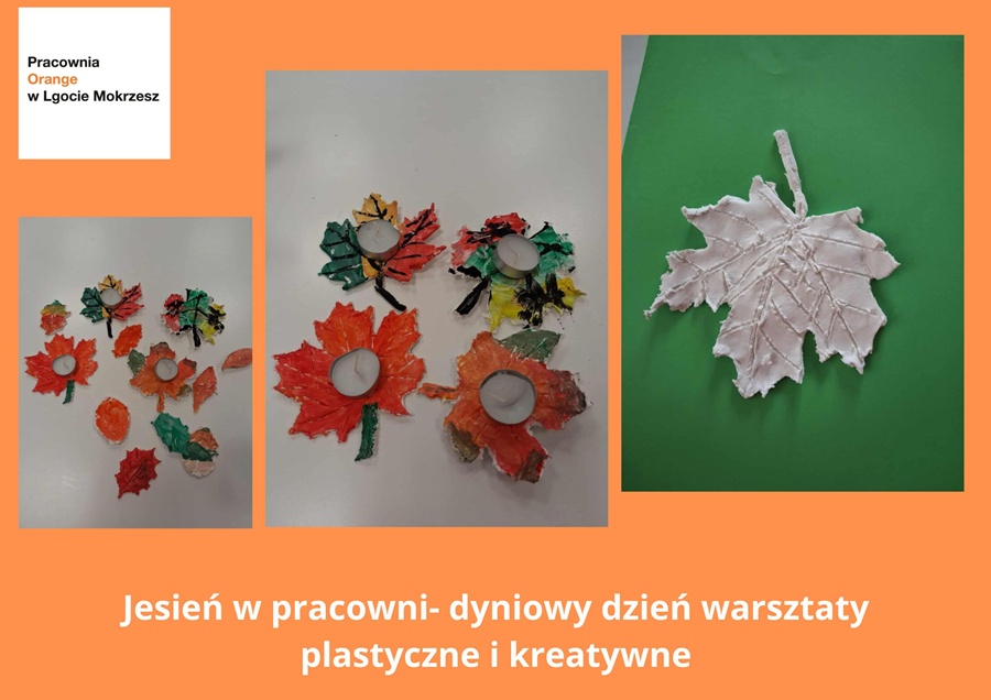 Zdjęcia ukazujace kolorowe prace dzieci z gliny samoutwardzalnej w kształcie lisci