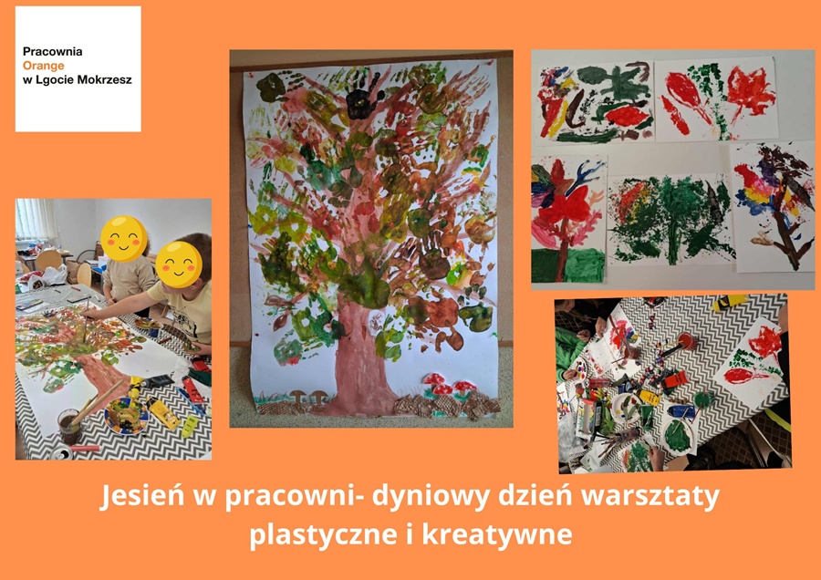 kolaż zdjęć: jesienne drzewo malowane rękami przez dzieci, prace powstałe z odcisku liści pomalowanych farbami