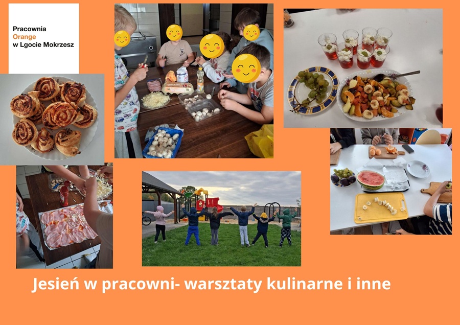 kolaż zdjęć: dzieci przy pracy w kuchni przygotowujące produkty na pizzerinki oraz sałatkę owocową