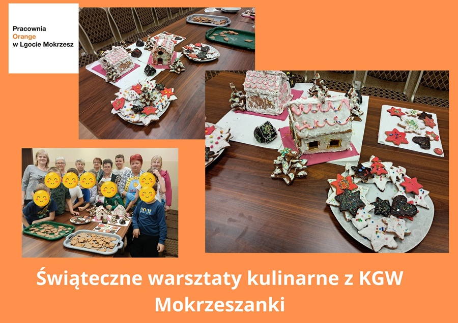 kolaż zdjęć: kolorowe pierniczki oraz chatki z piernika oraz dzieci przygotowujące wspólnie z paniami z kgw pierniki