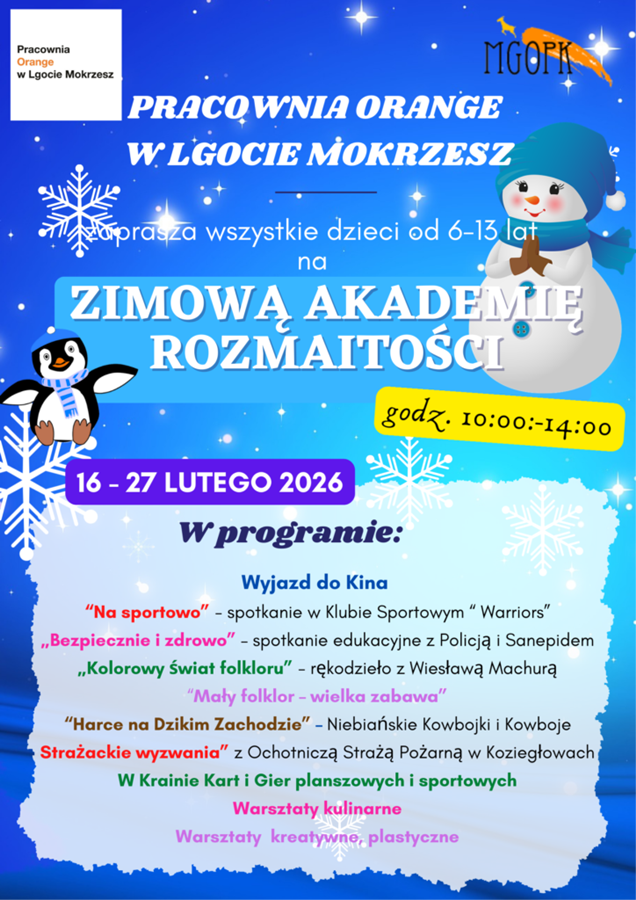 plakat o tematyce zimowej z bałwankiem zawierający program zajęć na ferie 2026