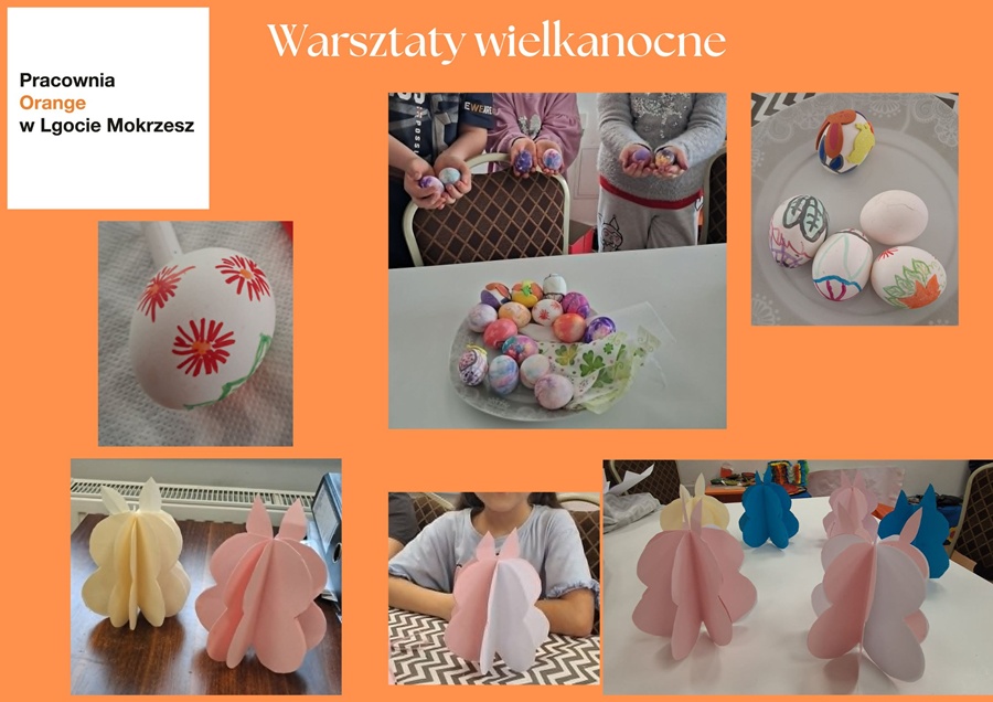 kolaż zdjęć ukazujacy kolorowe pisanki oraz zajączki 3d z papieru