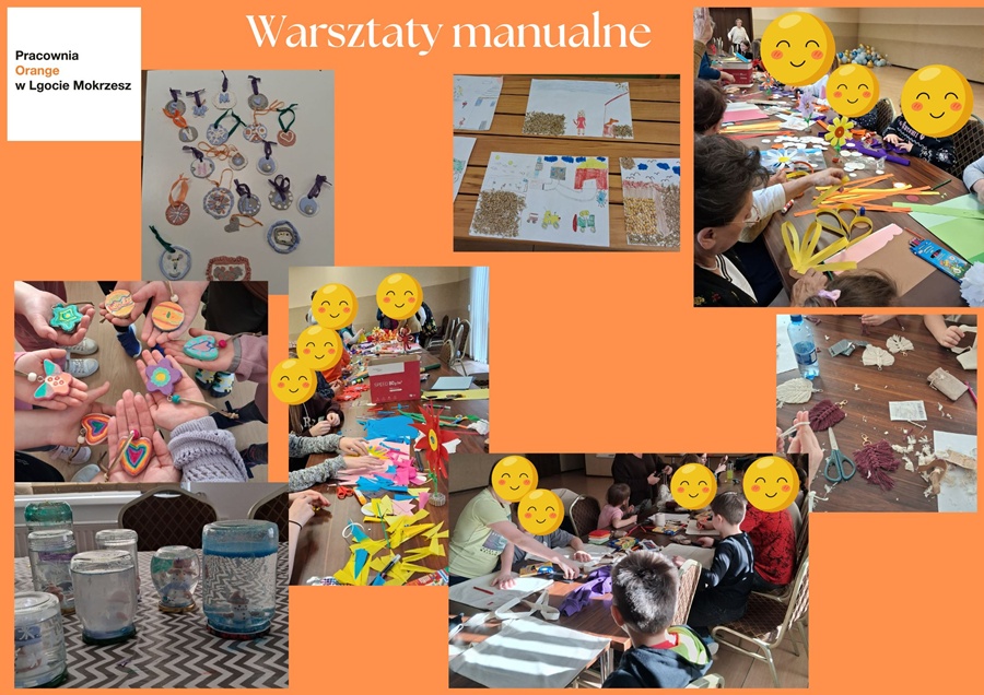 kolaż zdjęć ukazujący prace manualne dzieci miedzy innymi śnieżne kule, wisiorki z drewna, breloki z makramy