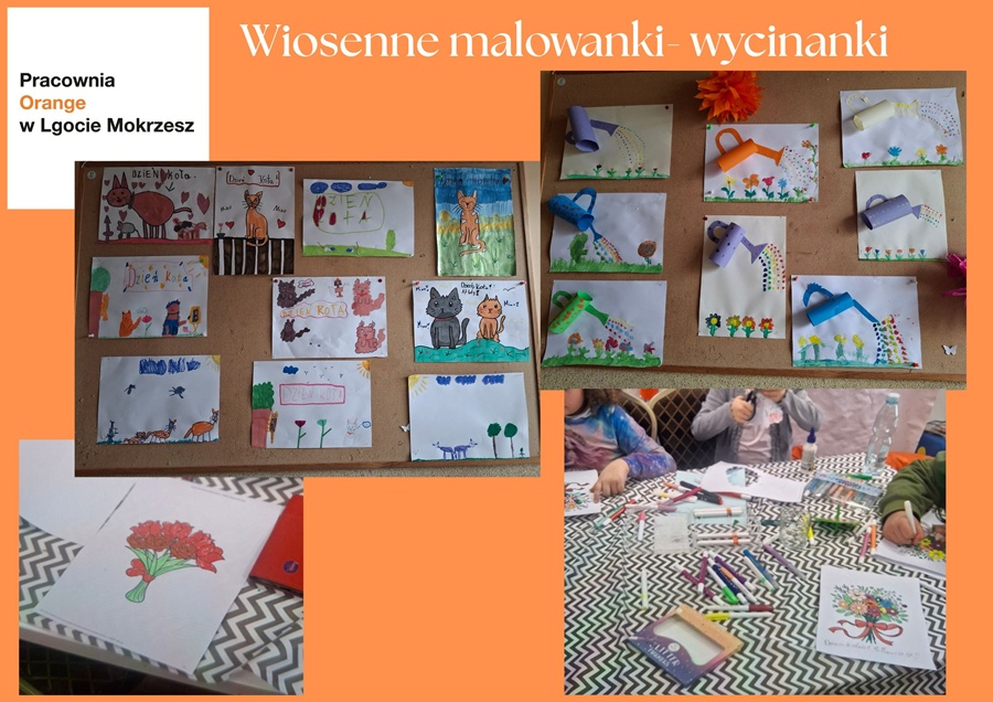 kolaż zdjęć ukazujący prace plastyczne dzieci kwiatowe kolorowanki, zabawne rysunki kotów