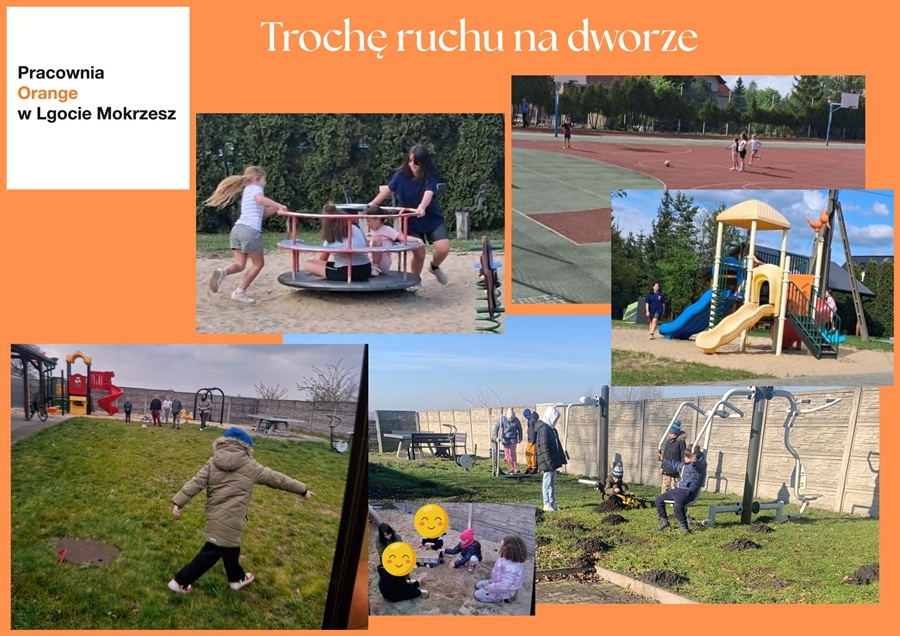 kolaż zdjęć ukazujący dzieci bawiące sie na placu zabaw na karuzeli i w piaskownicy