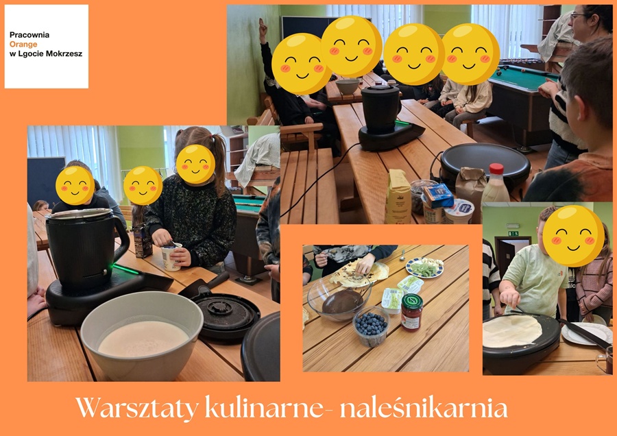 kolaż zdjęć obrazujący dzieci robiące naleśniki na specjalnym sprzęcie do nalesników
