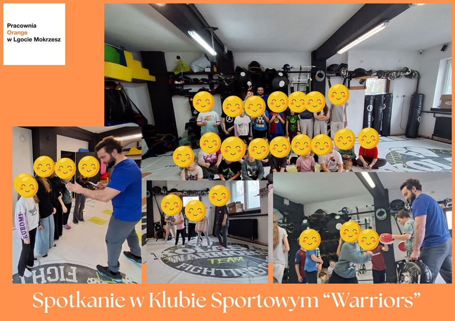 kolaż zdjęć ukazujący dzieci biorące udział w zajęciach sportowych w klubie sportów walki