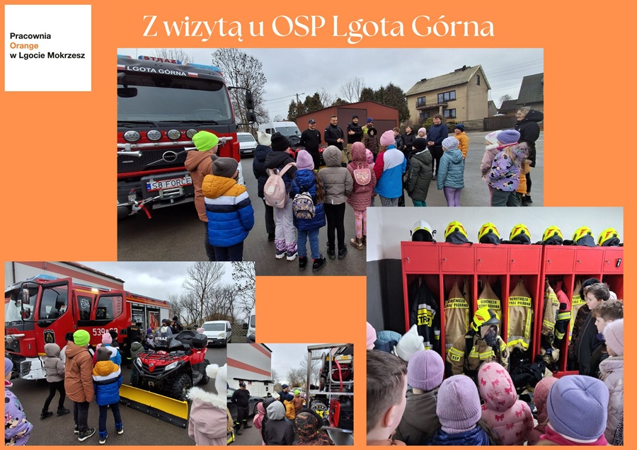kolaż zdjęć ukazujący dzieci oglądające samochody strażackie oraz szatnię z ubraniami strażaków