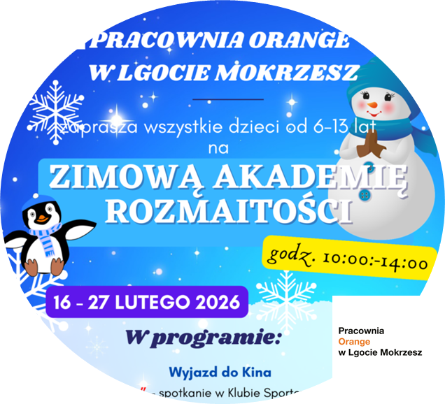 Plakat z bałwankami na niebieskim tle zapraszający do udziału w zimowej akademii rozmaitości
