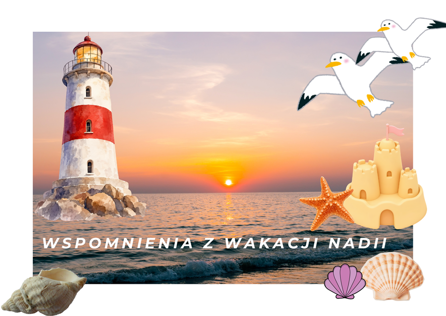 pocztówka ukazująca zachód słońca nad morzem wraz z latarnią morską mewą i muszelkami