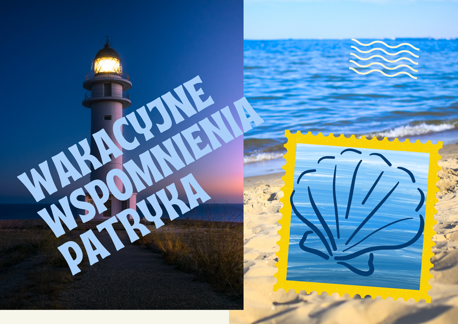 pocztówka przedstawiająca latarnię morską oraz morze i muszelkę