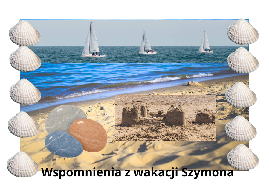 pocztówka- plaża morze i żaglówki