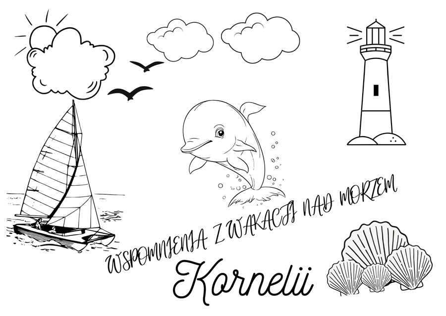 pocztówka kolorowanka z delfinkiem, żaglówką i latarnią morską