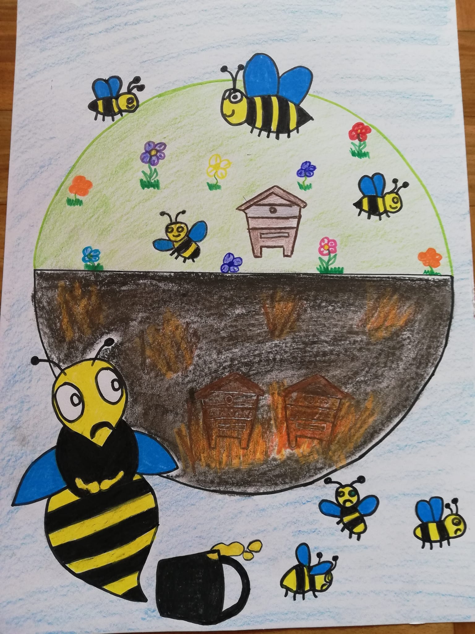 Praca plastyczna wymownie pokazująca dwie wersje świata z pszczołami i bez