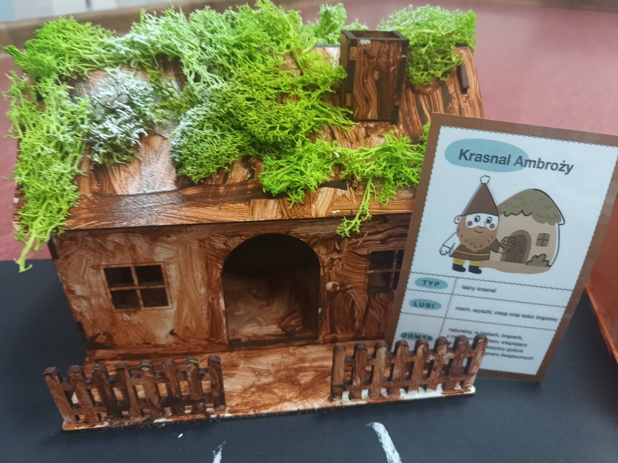 gotowa praca dziecka, domek z mchem na dachu
